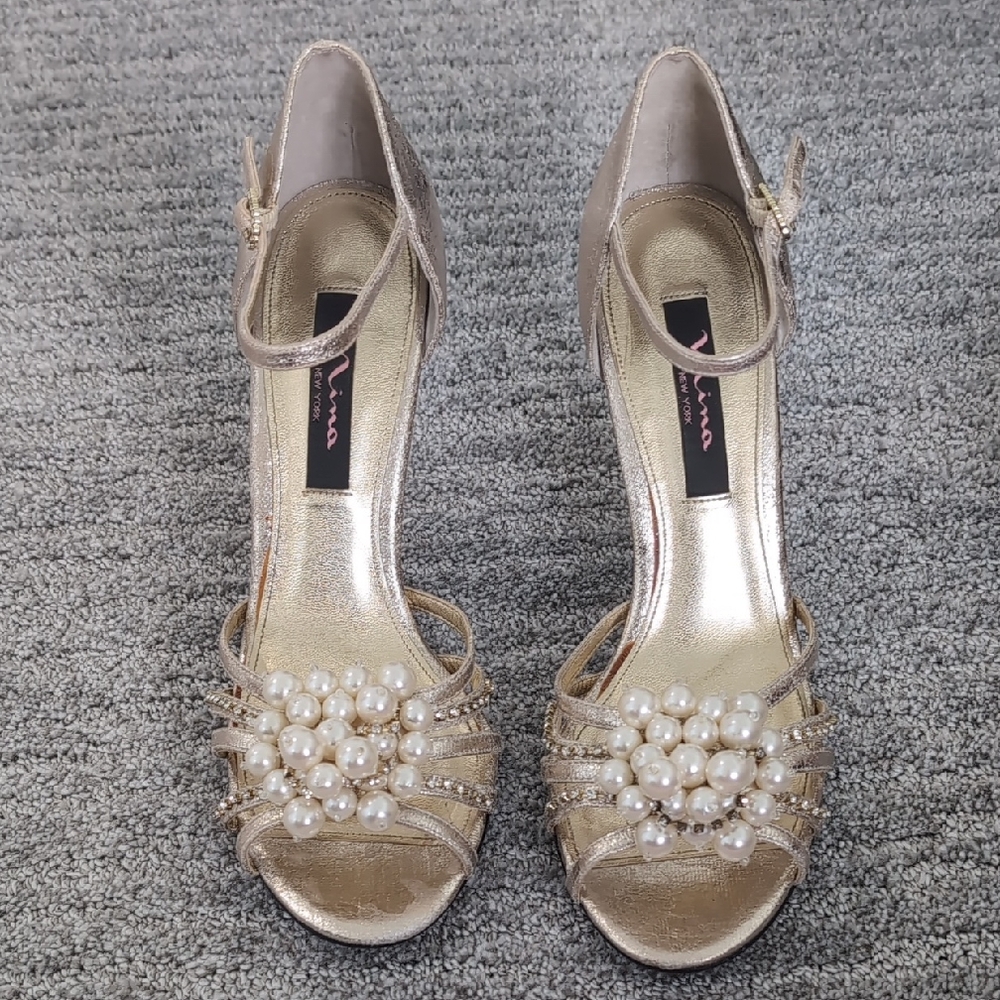 Nina Gold Heels with Pearl Accents